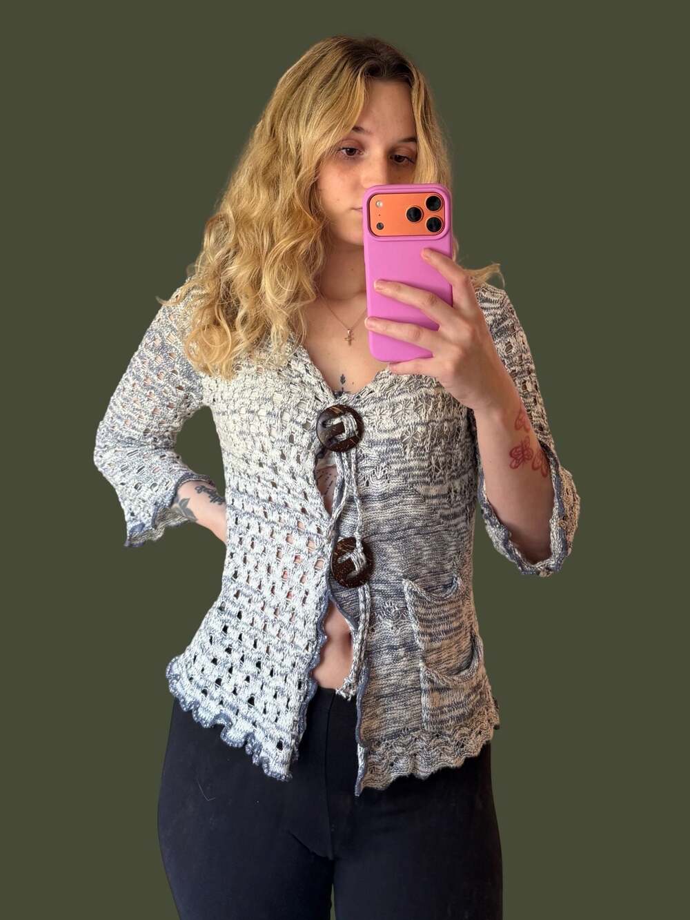 La Seine Vintage Crochet Knit Cardigan with Large Ring Buttons
